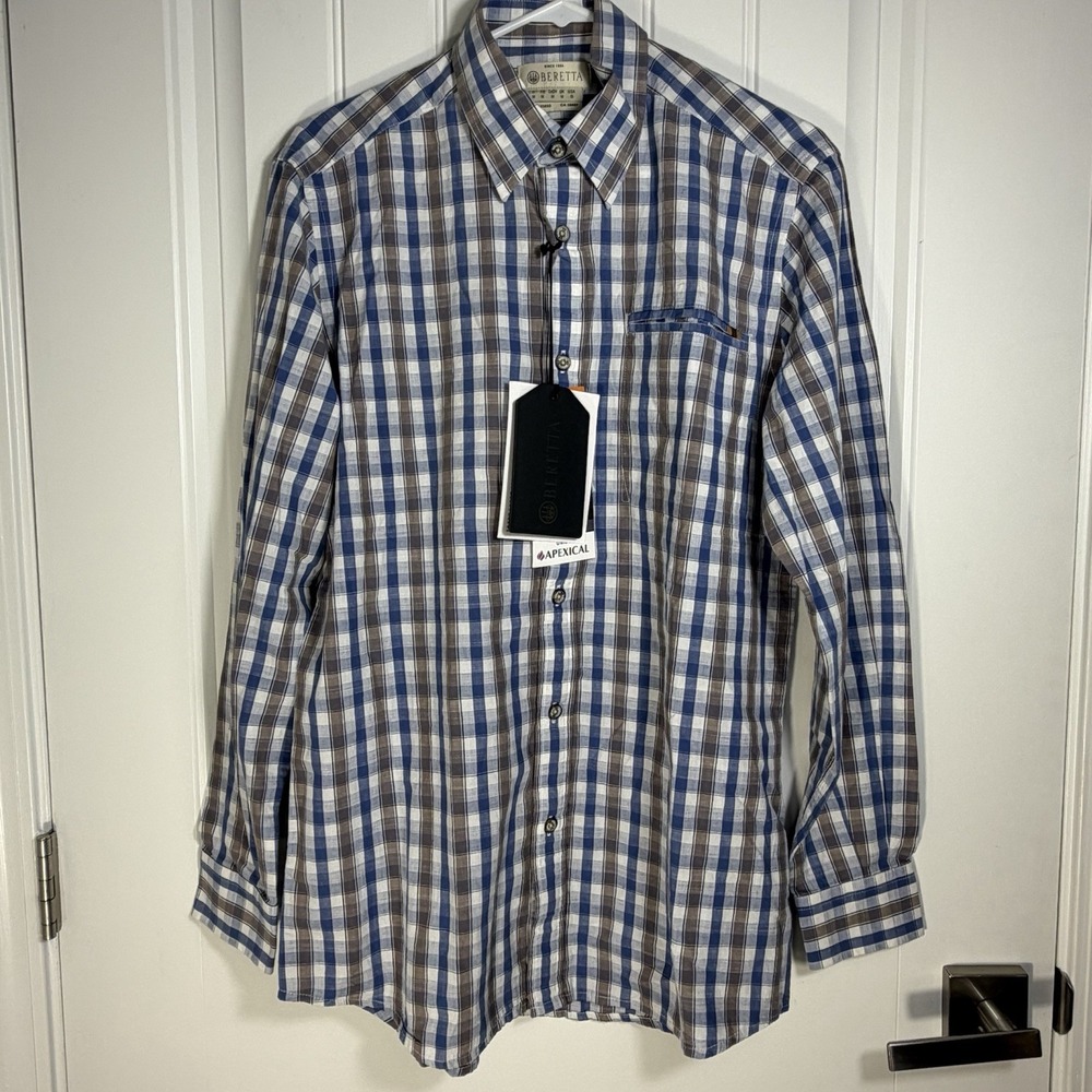 Beretta Blue Gray Plaid Button Front Long Sleeve Shirt Men's Small Cotton